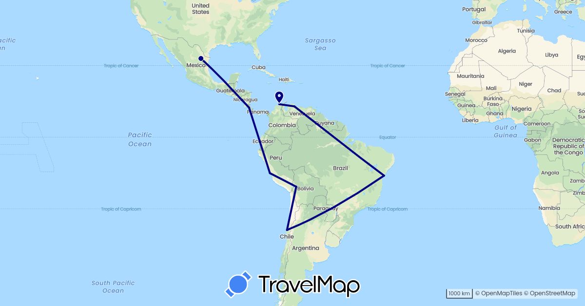 TravelMap itinerary: driving in Bolivia, Brazil, Chile, Colombia, Costa Rica, Mexico, Peru, Venezuela (North America, South America)